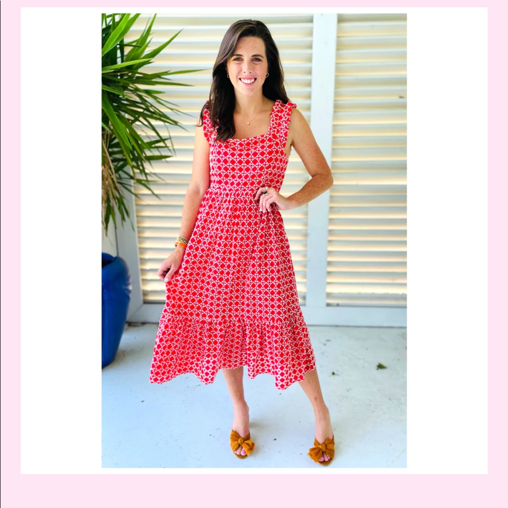 Red & White Eyelet Ruffle Ruffino Dress With Bow Back
